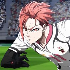 an anime character with pink hair and black gloves in front of a stadium full of people