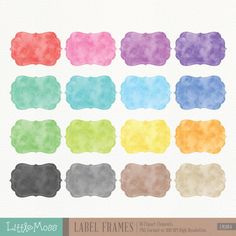 watercolor labels with different colors and sizes on them, including the name label frames