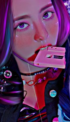 a digital painting of a woman holding a video game controller in her mouth and looking at the camera