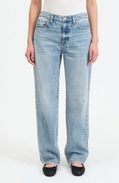 Low-stretch denim in the perfect light wash elevates these vintage-inspired jeans designed with straight legs and an always-on-trend high waist. 31" inseam; 18" leg opening; 12" front rise; 15" back rise (size 29) Zip fly with button closure Five-pocket style 69% cotton, 30% organic cotton, 1% spandex Machine wash, tumble dry Imported Light Wash Straight Fit Denim Bottoms, Light Wash Bottoms With Straight Fit And Hem, Light Wash Mid-rise Flare Jeans For Streetwear, Mid-rise Light Wash Flare Jeans For Streetwear, Light Wash Straight Bottoms With Five Pockets, Straight Light Wash Bottoms With Five Pockets, Light Wash Mid-rise Mom Jeans, Light Wash Relaxed Fit Flare Jeans, Casual Washed Blue Flare Jeans With Straight Hem