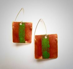 "Colorful abstract vitreous enamel on Fine Silver, with Sterling Silver earwires.  Earrings measure approx. 1\" square." Contemporary Rectangular Earrings For Gift, Contemporary Square Jewelry For Gifts, Handmade Square Green Earrings, Handmade Green Square Earrings, Square Green Handmade Earrings, Sweet Earrings, Vitreous Enamel, Enamel Flower, Enamel Earrings