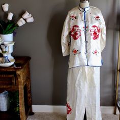 Authentic Pajama Set, 100% Silk, Made In China. The Detail Of These Pajamas Are Amazing! The Embroidery Is Of Chinese Dragons And Flowers. Its As If They Were Never Worn, But Packed Away. There Is Two Small Water Stains. These Appear To Be Hand Made. They Would Fit A Size Petite Medium Woman. Just Gorgeous. Chinese Pajamas, Chinese Dragons, Chinese Dragon, Water Stains, Embroidered Silk, Women's Intimates, Pajama Set, Red And White, Hand Made