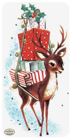 a christmas card with a deer carrying presents