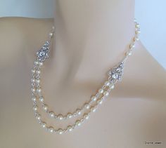 Pearl Necklace Bridal jewelry bridal necklace by DivineJewel Elegant Pearl Necklace With Rhinestones For Wedding, Wedding Pearl Necklace With Rhinestones, Pearl White Rhinestone Necklace For Wedding, Wedding Rhinestone Necklace With Pearl Chain, Elegant Beaded Rhinestone Wedding Necklace, Elegant Beaded Rhinestone Necklace For Wedding, White Rhinestone Necklace With Pearl Chain For Wedding, Wedding Necklace Pearl, Bridal Necklace Pearl