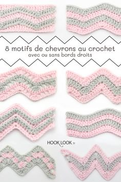 four crocheted chevrons are shown in pink, grey and white colors