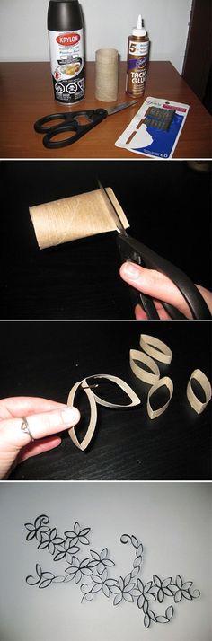 four different pictures showing how to make paper flowers with scissors and glue on the table