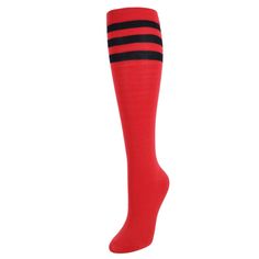 These extremely soft and colorful knee-high striped socks are the perfect match to completing a cool and trendy look. Six impressive colors to choose from, these socks have the right amount of spandex to prevent slipping and slouching. Fits shoe sizes 5-10. Made of 75%Acrylic, 15% Nylon, 10% Spandex Striped Knee-high Socks For Stocking Stuffers, Trendy Fitted Red Socks, Casual Red Thigh-high Stockings, Trendy Fitted Red Knee-high Socks, Fitted Trendy Red Knee-high Socks, Casual Red Knee-high Stockings, Casual Red Stretch Knee-high Socks, Red Stretch Sporty Socks, Casual Red Fitted Knee-high Socks