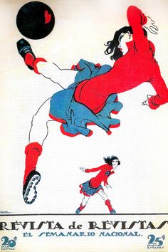 an old poster with a woman kicking a soccer ball