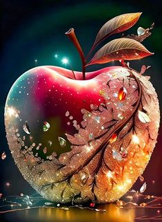 an apple with leaves and sparkles on it's side, in front of a dark background