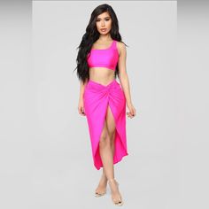 Brand New Fashion Nova “Brighten My Day” Midi Skirt Set - With Cropped One Shoulder Tank Top. 82% Nylon And 18% Spandex. Sold Out. Neon Pink Color On A Fabric With Lovely Sheen. Perfect Going Out Outfit For The Summer Time! Comes From A Pet Free, Smoke Free Home. Pink Party Swim Skirt For Spring, Pink Swim Skirt For Spring Party, Sleeveless Swim Skirt For Spring Party, Chic Pink Skirt For Beach Season, Pink Skirt Set, Glitter Mini Dress, Cheap Prom Dresses Long, Girly Girl Outfits, Fashion Nova Outfits