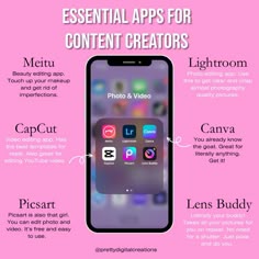 an iphone screen with the text essential apps for content creators on top and below it