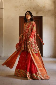 Orange Bridal Sharara Kameez Pakistani Wedding Dresses in Heavy Sequins, Gota, Mukesh work on Raw Silk Pakistani Bridal Wear. Customizable. Fast Shipping Orange Kurti, Mina Hasan, Bridal Sharara, Mukesh Work, Raw Silk Lehenga, Bridesmaid Saree, Pakistani Wedding Outfits, Desi Clothes, Embroidery Suits Design