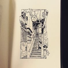 a black and white drawing of an alleyway with steps leading up to the door