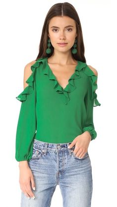 ALICE AND OLIVIA . #aliceandolivia #cloth #dress #top #shirt #sweater #skirt #beachwear #activewear Green Long Sleeve Shirt, Color Block Blouse, Frill Blouse, Top Wedding Dresses, Cold Shoulder Blouse, Ruffle Shirt, Green Top, Sleeves Pattern, Alice Olivia