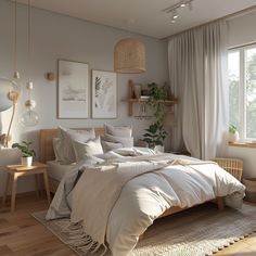 a bedroom with a large bed and wooden flooring next to a window filled with plants