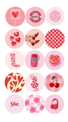 an image of many different types of stickers on a white surface with pink and red designs