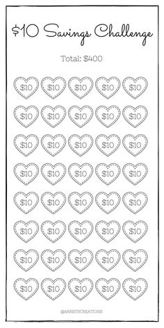 the printable valentine's day savings challenge is shown in black and white, with hearts