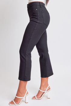 Introducing our Cropped Kick Flare, the epitome of timeless style and long-lasting quality. These pants are meticulously crafted with a mid-rise silhouette, a single button and fly zipper closure, and belt loops to infuse a personalized touch into your outfit. The faux pocket front design, complete with a functional coin pocket, combines style and practicality seamlessly, while the two rear pockets add a classic touch to your look. The huge percentage of Rayon gives these a silky feel without be Kick Flare Pants, Skincare Store, Satin Camisole, Flare Pant, Kick Flares, Shoe Gifts, Denim Flares, Black Crop, Front Design