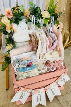 Crates, dowel rods, and paint. Baby gift for girl, handmade gift basket. Newborn Baby Gift Basket, Work Baby Showers, Shower Baskets, Packers Baby, Peach Baby Shower, Baby Basket