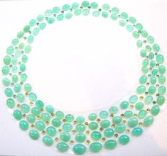 Chrysoprase Bib Necklace Set This necklace set consists of oval chrysoprase cabs ranging in size from 15x11 mm to 8x6 mm oval. Dotting the design are 3 and 4 mm round yellow and mint green tourmaline cabs that instantly brighten and enliven this bold piece.   The mint green colors are the perfect pallet for this seasons pastel trends and a summer must. All the sizes are calibrated so you the designer can use pre fabricated mountings or create your own.  The stones will be delivered as shown in t Mint Green And Yellow, Beautiful Gemstones, Garnet Earrings, Green And Yellow, Gorgeous Jewelry, Green Tourmaline, Bib Necklace, Matching Bracelets, Natural Turquoise