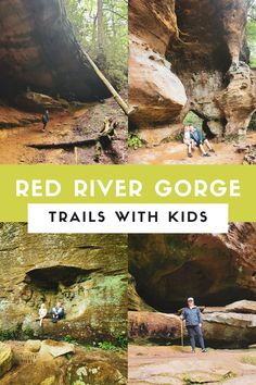 the red river gorge trail with kids in it and text overlay that reads, red river gorge trails with kids