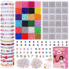 various beads and stickers are arranged on a white background with the words, numbers, and letters