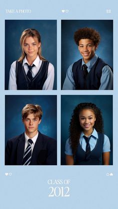 four pictures of young people in school uniforms