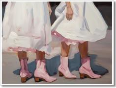 two women in white dresses and pink boots