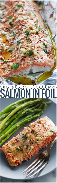 salmon and asparagus on a plate with the words salmon in foil above it