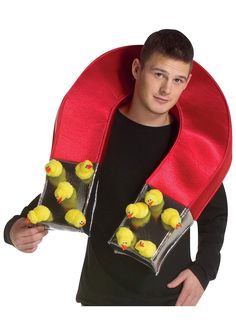 a man wearing a life jacket with rubber ducks on it