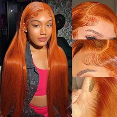 🔥 Get the ultimate fiery look with this 24Inch Ginger Orange Lace Front Wig! Made with 100% human hair and featuring a HD transparent lace front, this colored straight wig is pre-plucked with baby hair for a natural hairline. With a 150% density and glueless design, it's perfect for women who want to slay effortlessly. 💁‍♀️ #AD #SPONSORED Ginger Lace Front Wig, Grey Hair Extensions, Hair Ginger, Straight Lace Front Wig, Brazilian Straight Human Hair, Ginger Women, 360 Lace Wig, Wig Human Hair, Colored Wigs