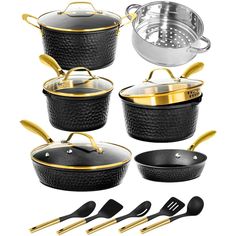 black and gold cookware set with pots and pans on the bottom, one is empty