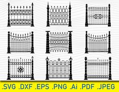 the silhouettes of different fences and gates are shown in black on a white background