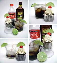 several shots of cold drinks with ice and limes