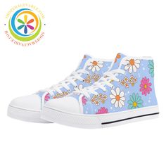 Retro 80s Floral Ladies High Top Canvas Shoes Fun Spring Sneakers With Rubber Sole, Blue High-top Canvas Shoes For Summer, Cute Cotton Sneakers With Round Toe, Playful High-top Sneakers For Spring, White Sole Sneakers For School In Spring, Retro High-top Sneakers For Spring, Spring Cotton High-top Sneakers With Round Toe, Retro High-top Spring Sneakers, Trendy High-top Canvas Shoes For Spring