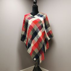 Upcycled lightweight check poncho. One size fits most. Oversized Fringe Casual Poncho, Oversized Fringe Poncho Casual Style, Casual Plaid Poncho For Winter, Ladies Poncho, Frayed Denim, Ponchos, Plaid Scarf