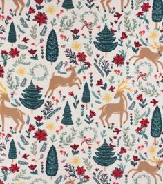 a white fabric with deers and trees on it