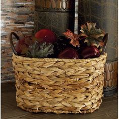 a wicker basket filled with fruits and vegetables