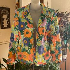 Brand New Jacket Super Colorful Flowers And Clear Sequins It Has Pockets It Is A Size Medium Measures Approximately 22” From Armpit To Armpit And The Sleeves Are 24” Long (220) (191) Casual Multicolor Blazer With Pockets, Casual Yellow Blazer With Long Sleeves, Casual Yellow Long Sleeve Blazer, Spring Yellow Blazer With Pockets, Spring Workwear Multicolor Outerwear, Spring Multicolor Outerwear For Work, Spring Cotton Blazer, Spring Cotton Blazer With Long Sleeves, Spring Cotton Long Sleeve Blazer