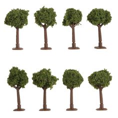 six trees are shown in different positions on a white background