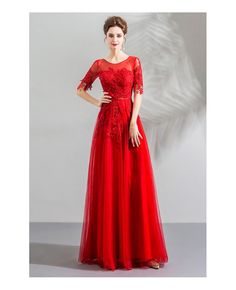 Buy Elegant Red Flowy Long Tulle Formal Dress With Appliques Sleeves at wholesale price online. Free shipping and pro custom service since 2009. Red Tulle Bridesmaid Dress, Formal Red Tulle Dress, Elegant Red Tulle Gown, Red Fitted Tulle Evening Dress, Red Tulle Formal Dress, Red Short Sleeve Wedding Dress, Fitted Red Tulle Dress, Red Fitted Tulle Dress, Red Bridesmaid Evening Dress