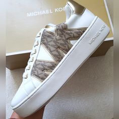 *Brand New *Comes With Box White Leather Sneakers With Foil Embossed Logo, Michael Kors Slip On, City Sneakers, Michael Kors Sneakers, Gold Sneakers, Black Leather Sneakers, Brown Sneakers, Perforated Leather, Suede Sneakers