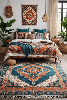 a bedroom with an orange, blue and green bed spread on top of a rug