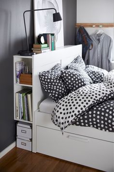 a collage of photos with black and white polka dots on bedding, bookshelves