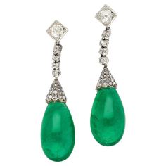 Check out this item from 1stdibs! Art Deco Era 21 Carat Cabochon Pear Shape Emerald Drop Earrings | AGL Certified: https://www.1stdibs.com/id-j_20838502 Formal Drop Cabochon Earrings, Vintage Platinum Earrings, Elegant Drop Earrings With Cabochon, Vintage Pierced Diamond Earrings For Formal Events, Vintage Pierced Diamond Earrings For Formal Occasions, Vintage Drop Jewelry For Formal Occasions, Vintage Formal Drop Earrings, Formal Vintage Drop Earrings, Vintage Pear-shaped Formal Earrings