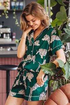 Zola means 'peace' which is what our Head Designer was channeling when she hand-drew our iconic tiger print on emerald. The print is playful, striking and luxurious - our most iconic collection yet. Sleep Tops, Sleepwear Women Pajamas, Womens Pajama Shorts, Satin Set, Mens Pajamas Set, Summer Pajamas, Silky Dress, Satin Pyjama Set, Printed Trousers