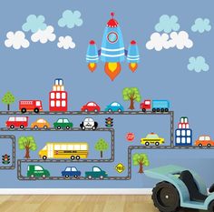 a child's room with cars, trucks and rockets on the road wall decals