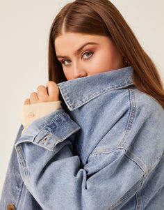 Curve Denim Trucker Jacket Plus Size Outerwear -2020AVE Light Wash Collared Denim Jacket With Pockets, Denim Collared Outerwear With Buttoned Pockets, Single Breasted Denim Collared Outerwear, Single Breasted Collared Denim Outerwear, Single-breasted Collared Denim Outerwear, Oversized Light Wash Collared Denim Jacket, Classic Washed Blue Button-up Outerwear, Collared Denim Blue Outerwear, Collared Denim Blue Outerwear With Buttoned Pockets