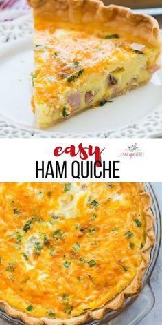 an easy ham quiche with cheese and spinach is shown on a white plate