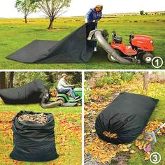 the lawn mower is being used as a cover to protect it from falling leaves